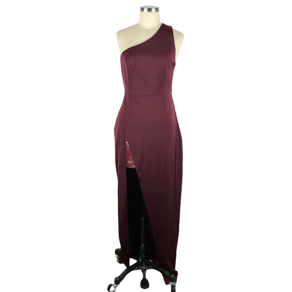 NBD Azul One Shoulder Dress Burgundy Long Slit Lace Detail Size Medium